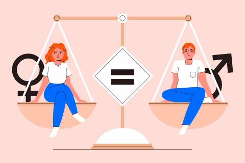 Homme et femme sur une balance avec à côté d'eux le symbole du féminin et du masculin